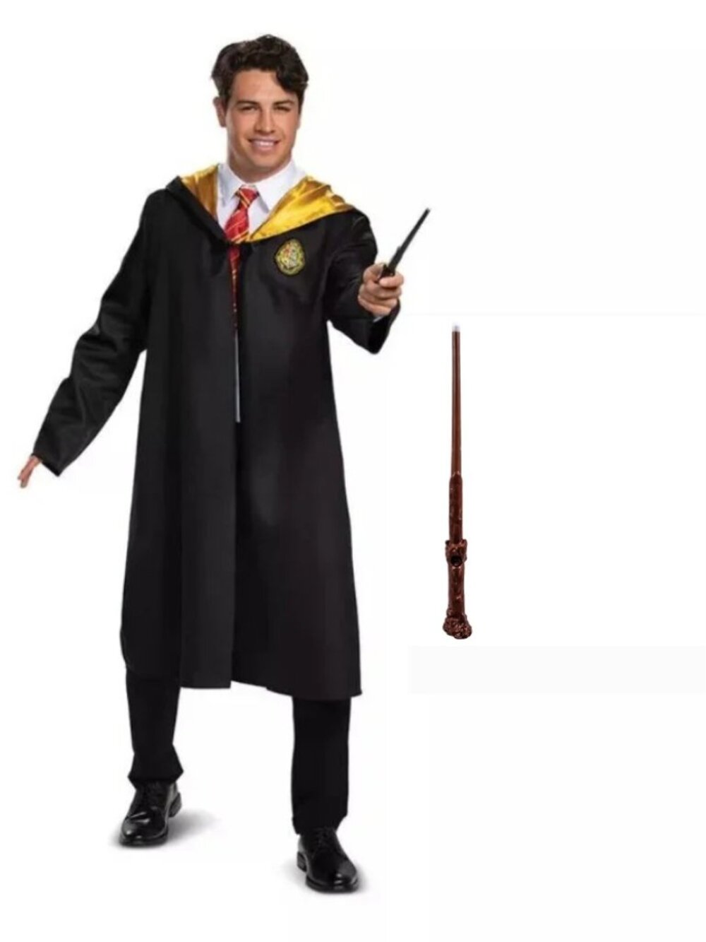 Harry Potter Hogwarts Robe & Light Up Wand Halloween Costume L/XL Hooded Adult